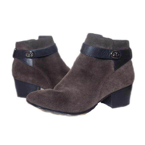 Coach Patricia Fatigue Chestnut Suede Ankle Bootie 6 Boots Turn Lock - Picture 1 of 13